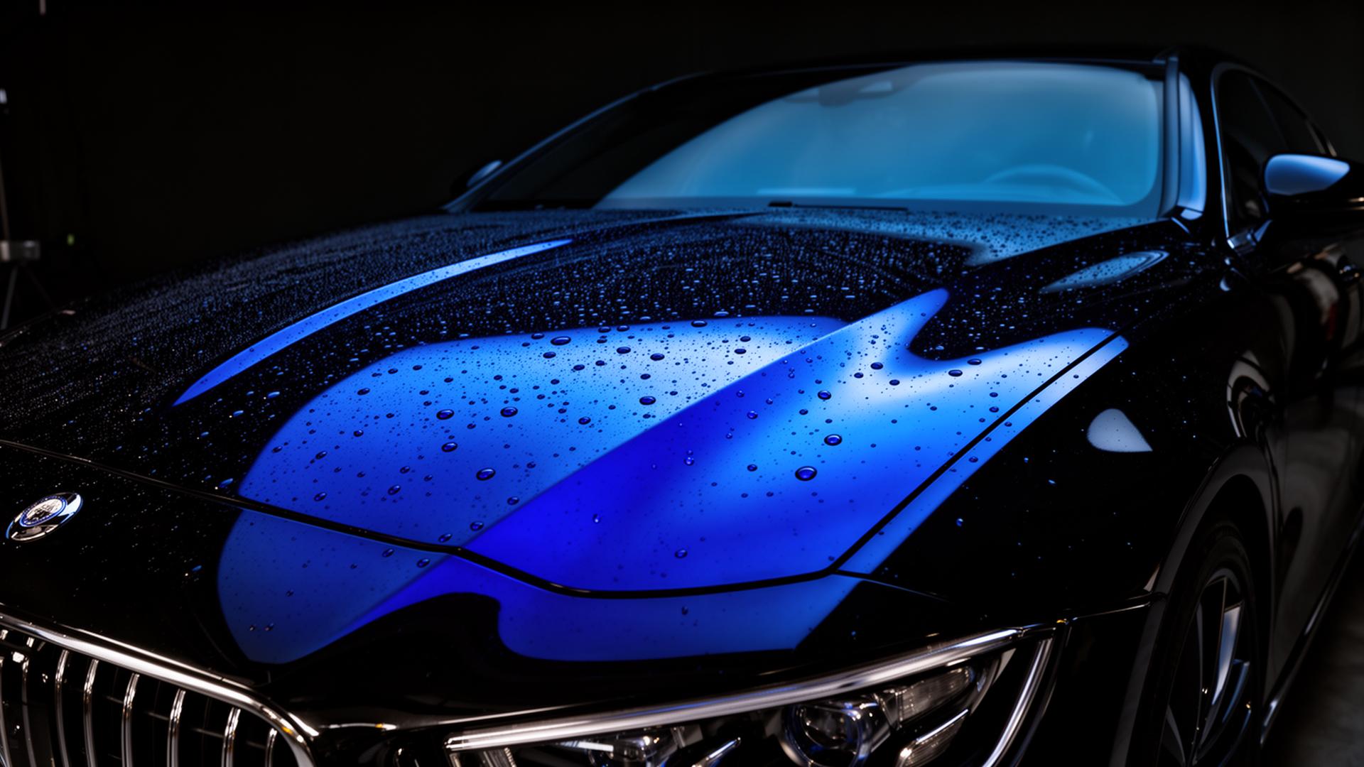 Freshly detailed glossy black car with water beads